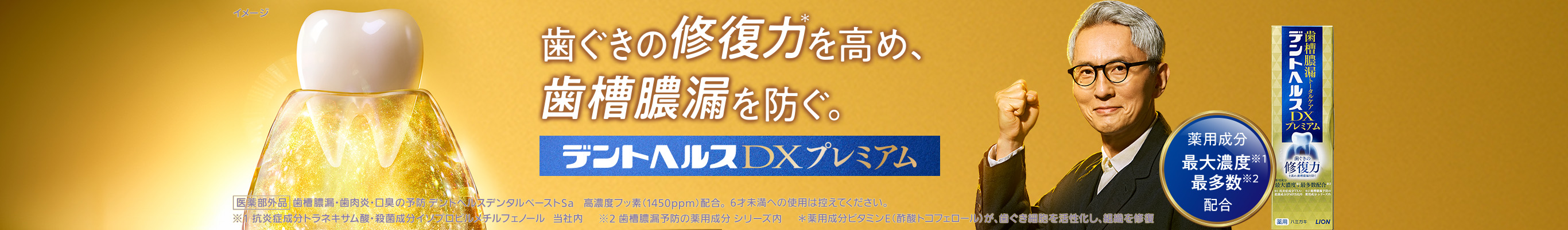 歯ぐきの修復力* を高め、歯槽膿漏を防ぐ。デントヘルスDXプレミアム 薬用成分最大濃度※1 最多数※2 配合医薬部外品 歯槽・歯肉炎・口臭の予防 デントヘルスデンタルペーストSa 高濃度フッ素（1450ppm）配合。6才未満への使用は控えてください。※1 抗炎症成分トラネキサム酸・殺菌成分イソプロピルメチルフェノール、当社内 ※2 歯槽膿漏予防の薬用成分 シリーズ内 *薬用成分ビタミンを(酢酸トコフェロール)が、歯ぐき細胞を活性化し、組織を修復